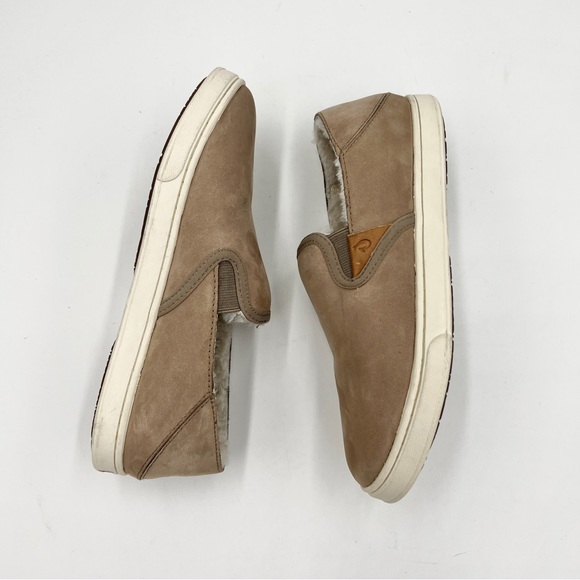 Olukai Pehuea Heu Taupe Leather Sherpa Lined Slip On Comfort Sneaker 6 - Picture 3 of 8